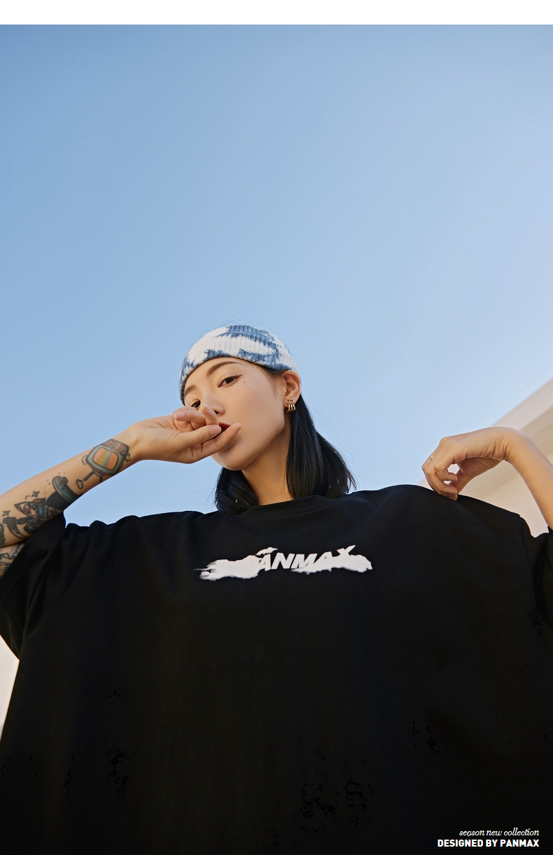 panmax原创设计潮流男装宽松个性休闲印花打底衫显瘦大码短袖t恤 蓝色