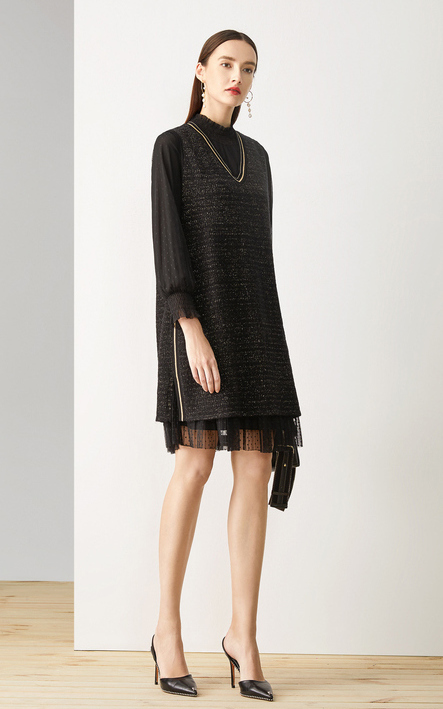 影儿yiner音儿女装2019秋季新款时尚亮丝针织连衣裙 黑色 160/38/m