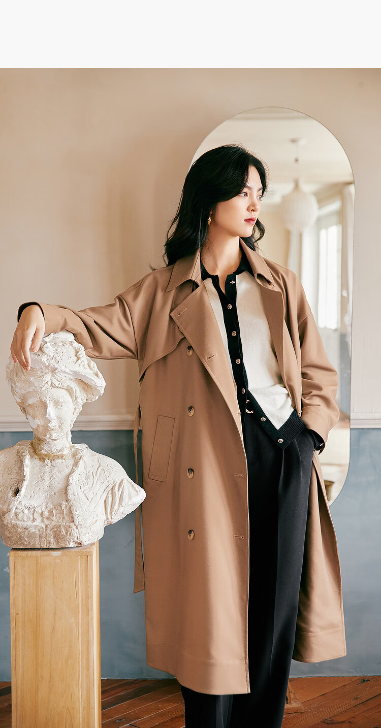 伊芙丽2021年新款秋装外套经典卡其色长款大翻领收腰风衣大衣女 深