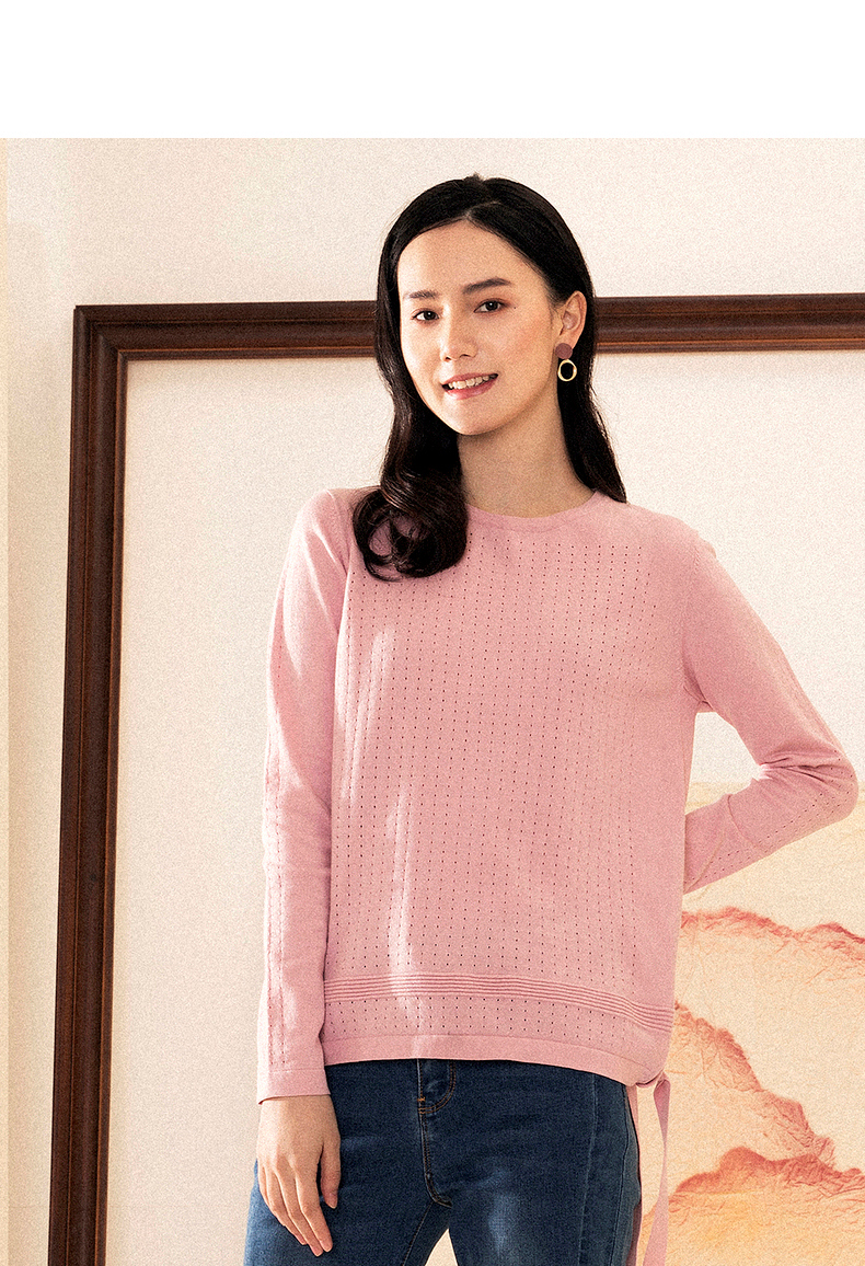 易菲粉色毛针织衫女绑带个性圆点气质休闲上衣打底衫2021春装新款1902