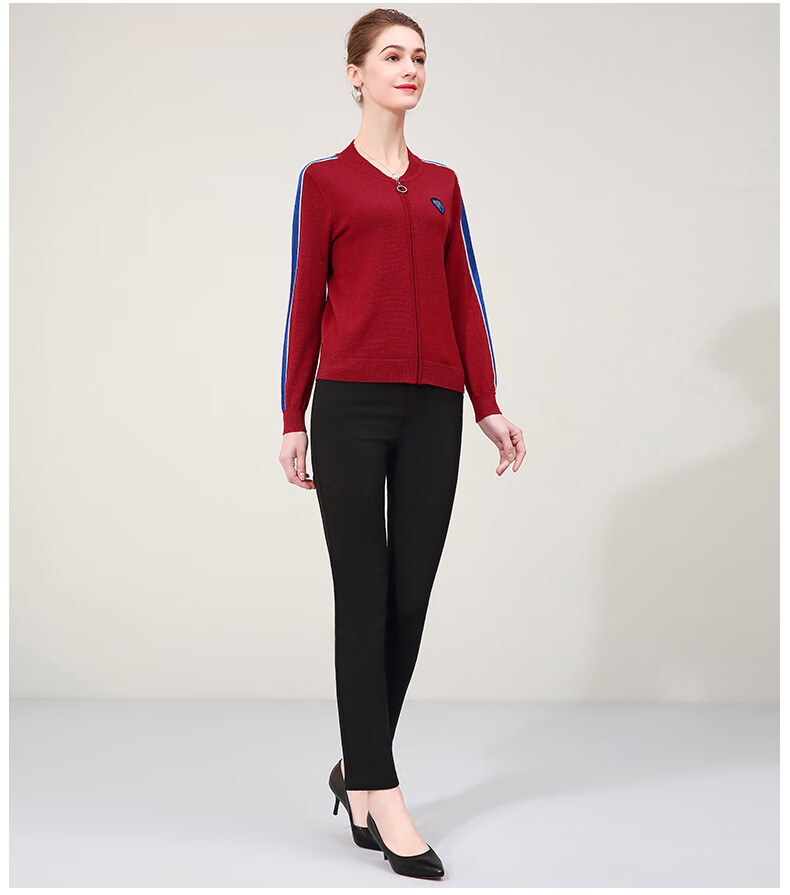 米兰登2021春装中老年女装妈妈装长袖圆领拉链针织衫1m1w2101 黑色 l