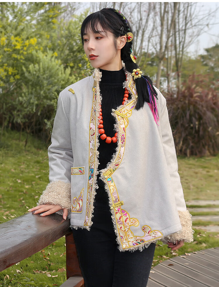 学生乐 藏族服装女外套冬季藏式外套女西藏族服装藏袍绣花长绒保暖藏