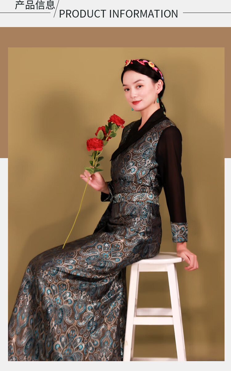 藏族服装女全套西式藏服拉萨服秋季拼色高档锦缎藏袍锅庄裙 银白色 l