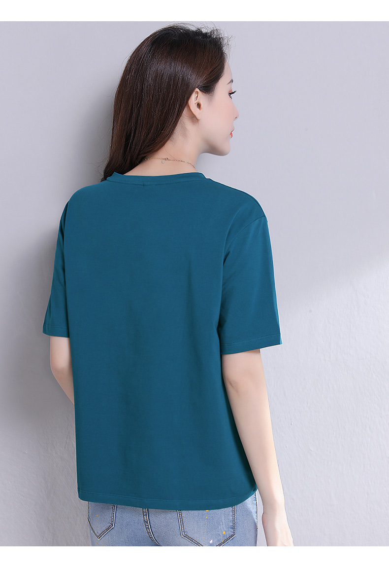恒源祥商场同款孔雀蓝色t恤女短袖宽松纯棉圆领休闲运动丅血中老年大