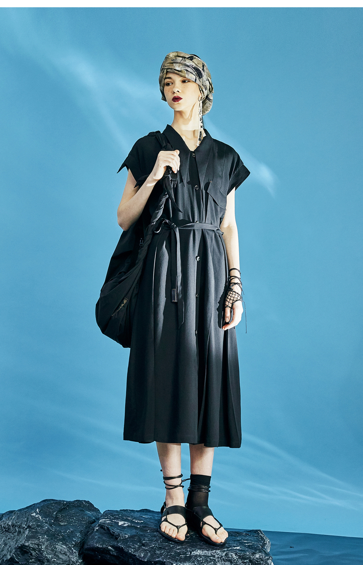 日着原创设计感女装2021夏新款宽松短袖衬衫领小众裙子女连衣裙孤岛黑