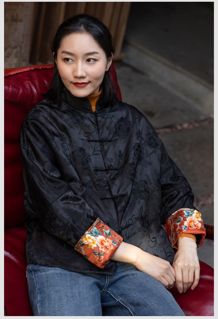 菲伊唐真蚕丝绣花盘扣宽松蝙蝠袖复古中式改良唐装女夹棉立领衣外套女