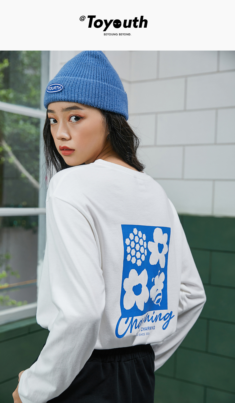 初语白色t恤女2021年秋冬新款圆领后背印花图案宽松长袖打底上衣 白色