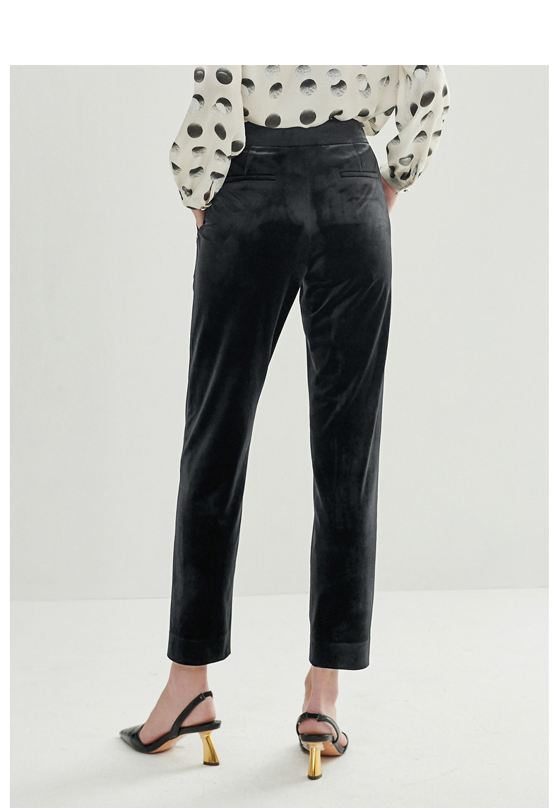 朗姿黑色韩国绒丝绒裤子女2020秋新品显瘦百搭九分休闲裤 夜幕黑色