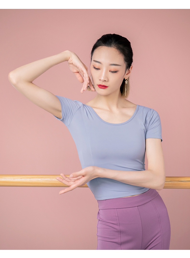 柳歌芭蕾舞服后背交叉形体运动训练短袖上衣现代舞练功舞蹈服女夏茶沐