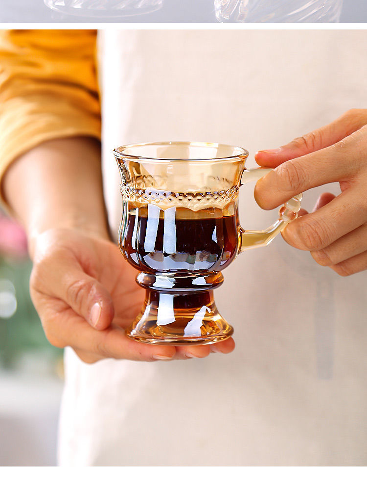 楠亿琥珀色玻璃杯复古带把手持小水杯法式咖啡杯奶茶杯冷饮杯红酒杯子