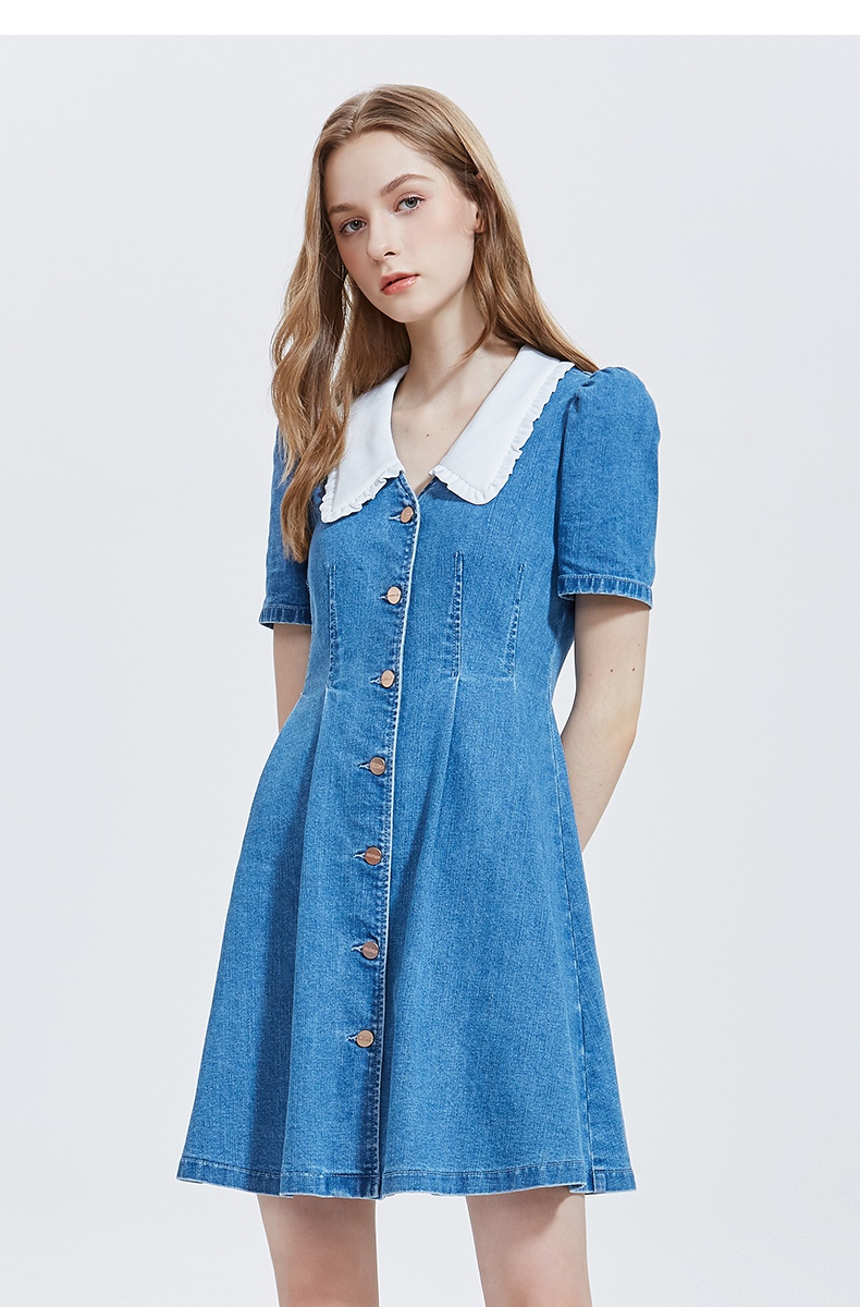 five plus新款女装牛仔连衣裙女高腰泡泡袖中长裙复古排扣 牛仔蓝610