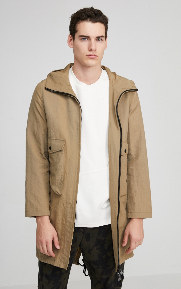 selected思莱德沙色工装大口袋连帽拉链机能中长款男士风衣外套r4201