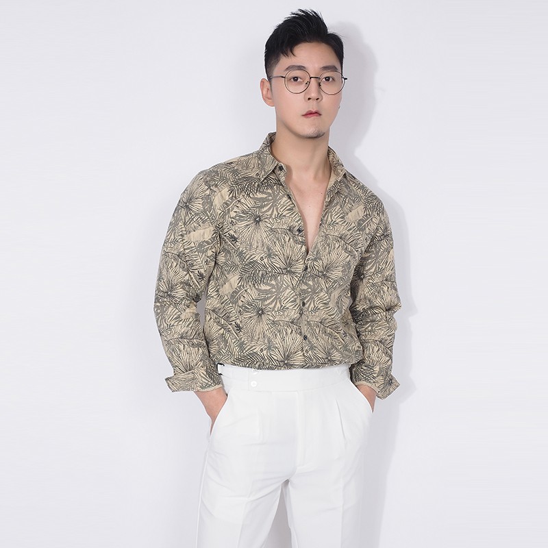 aupo轻奢品牌男士棉质印花长袖衬衫新款韩版修身时尚港风花衬衣青年