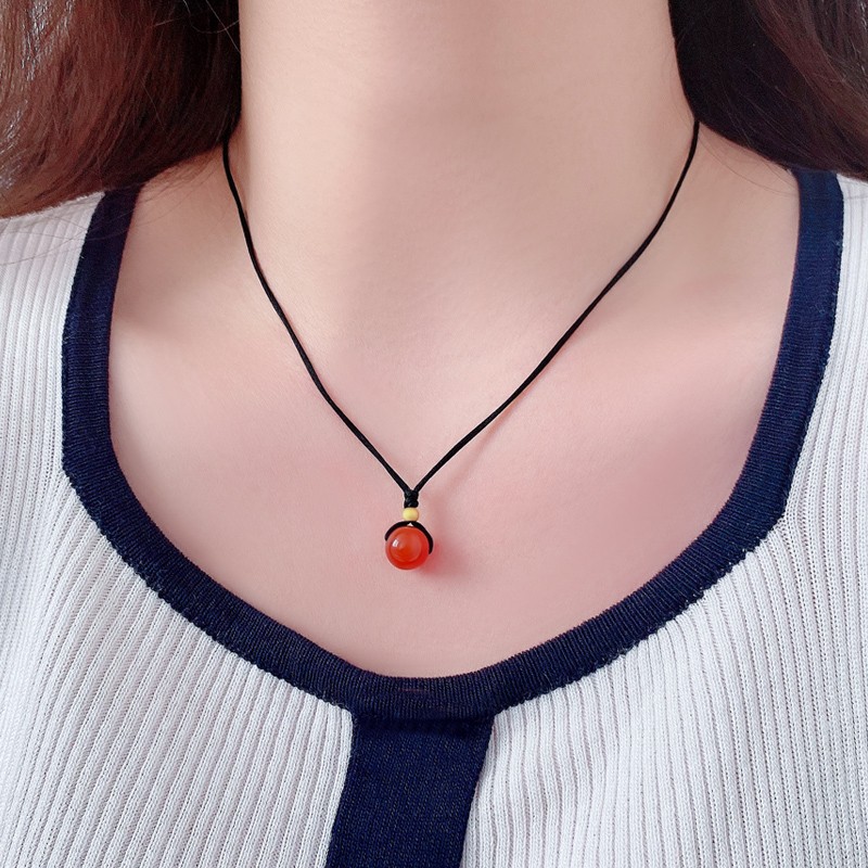 小金珠豆豆黑绳项链女黄金红玛瑙相思豆999足金编织红豆吊坠抖音