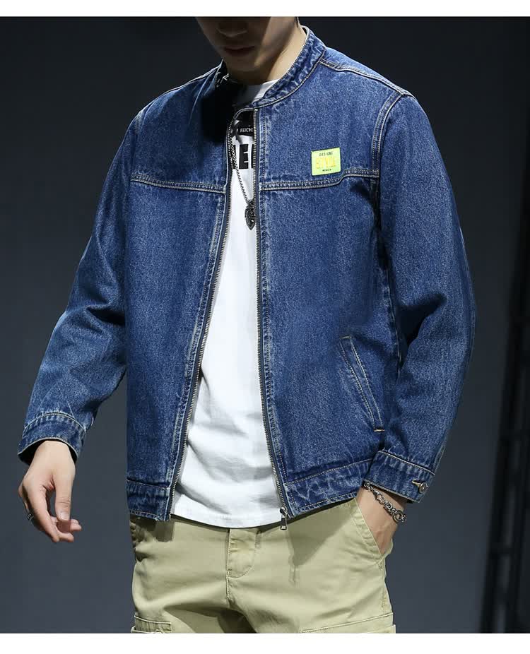 牛仔外套秋冬款拉链男士宽松加肥加大码胖子夹克工装上衣潮流蓝色6xl