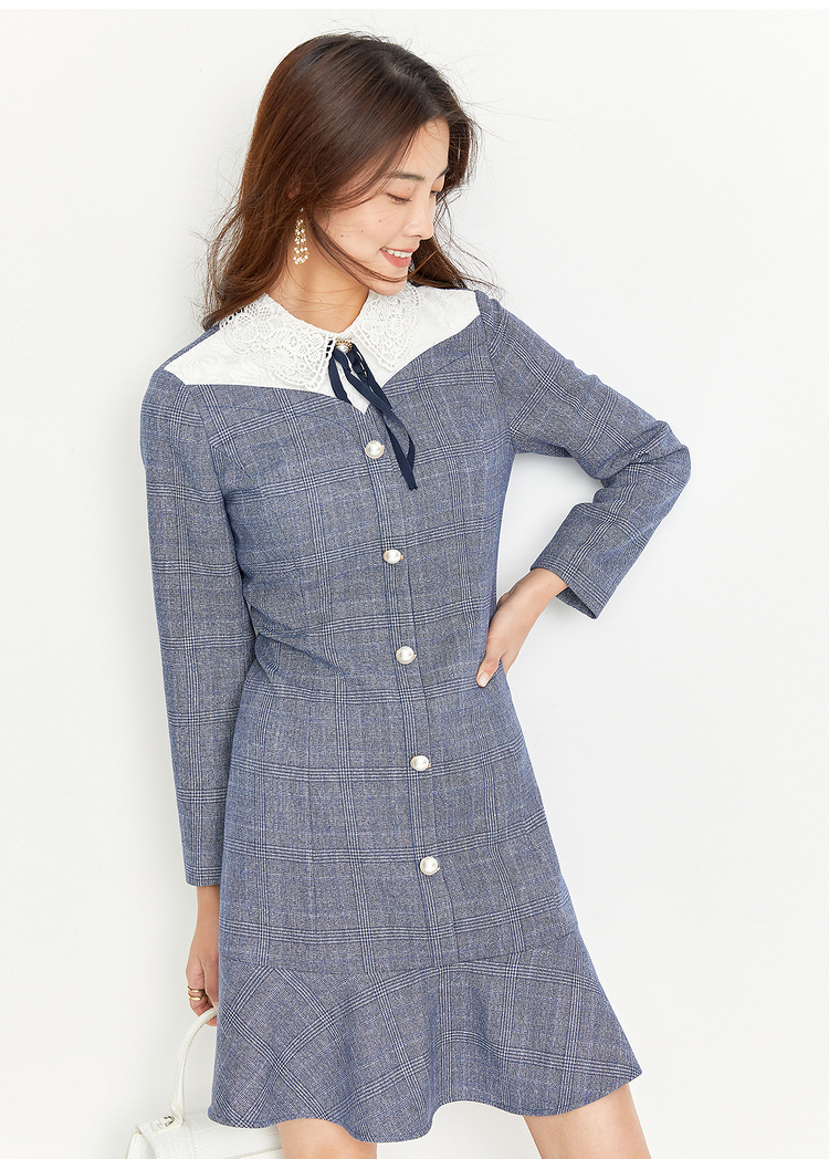 yiner音儿女装2020冬季新款镂空娃娃领荷叶摆连衣裙浅蓝40