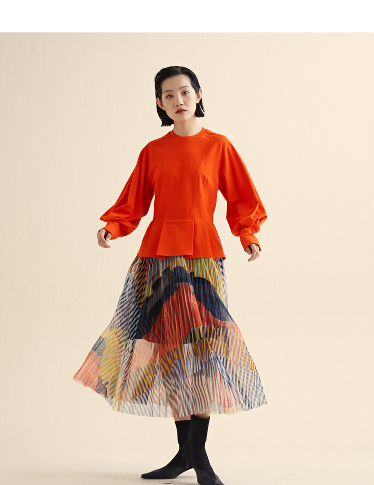 女装 t恤 谜底 miidii/谜底21春新款复古灯笼袖高弹亲肤收腰圆领t恤女