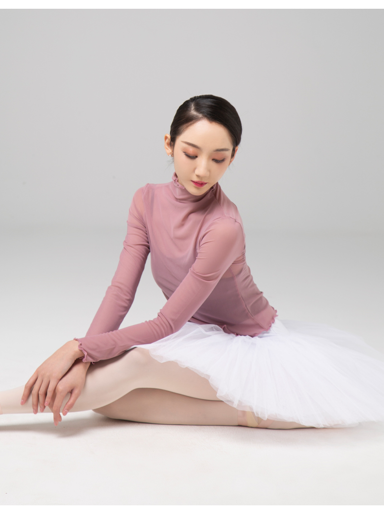 舞蹈网纱上衣女成人练功服高领弹形体服芭蕾舞基训服修身 灰短款 升级