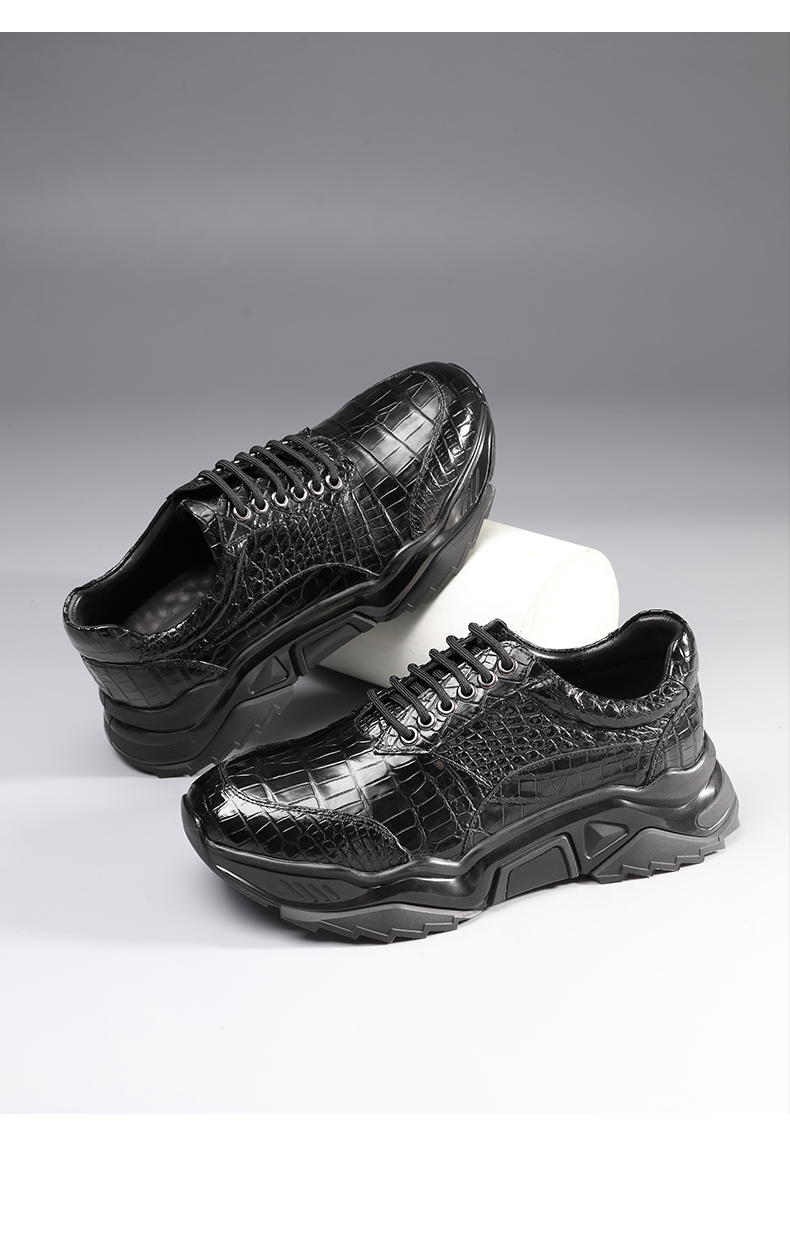 普戈特泰国鳄鱼皮休闲运动鞋透气厚底高档时尚四季旅游鞋男鞋新款黑色