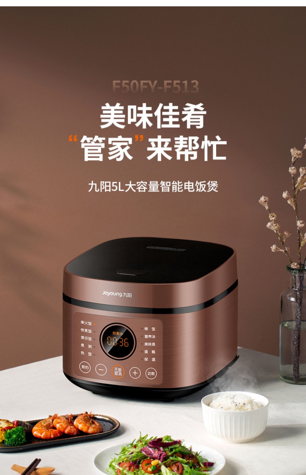 肖战推荐九阳5l大容量电饭煲电饭锅家用多功能全自动f513f513