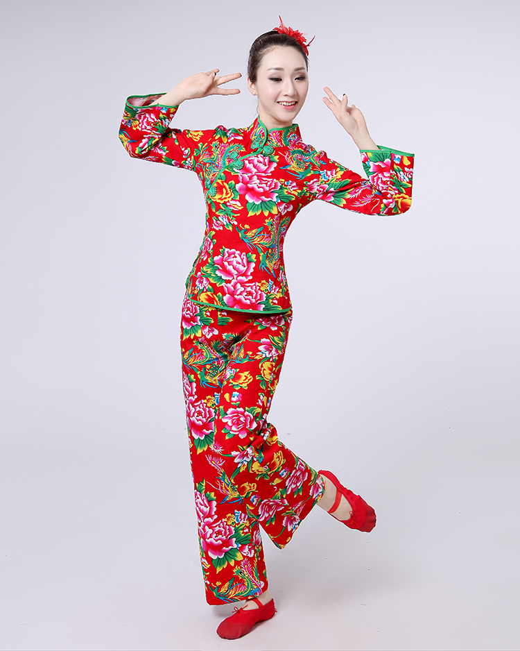 东北大秧歌服装大花布衣服秧歌服腰鼓演服新款纯棉男女农家乐长短袖