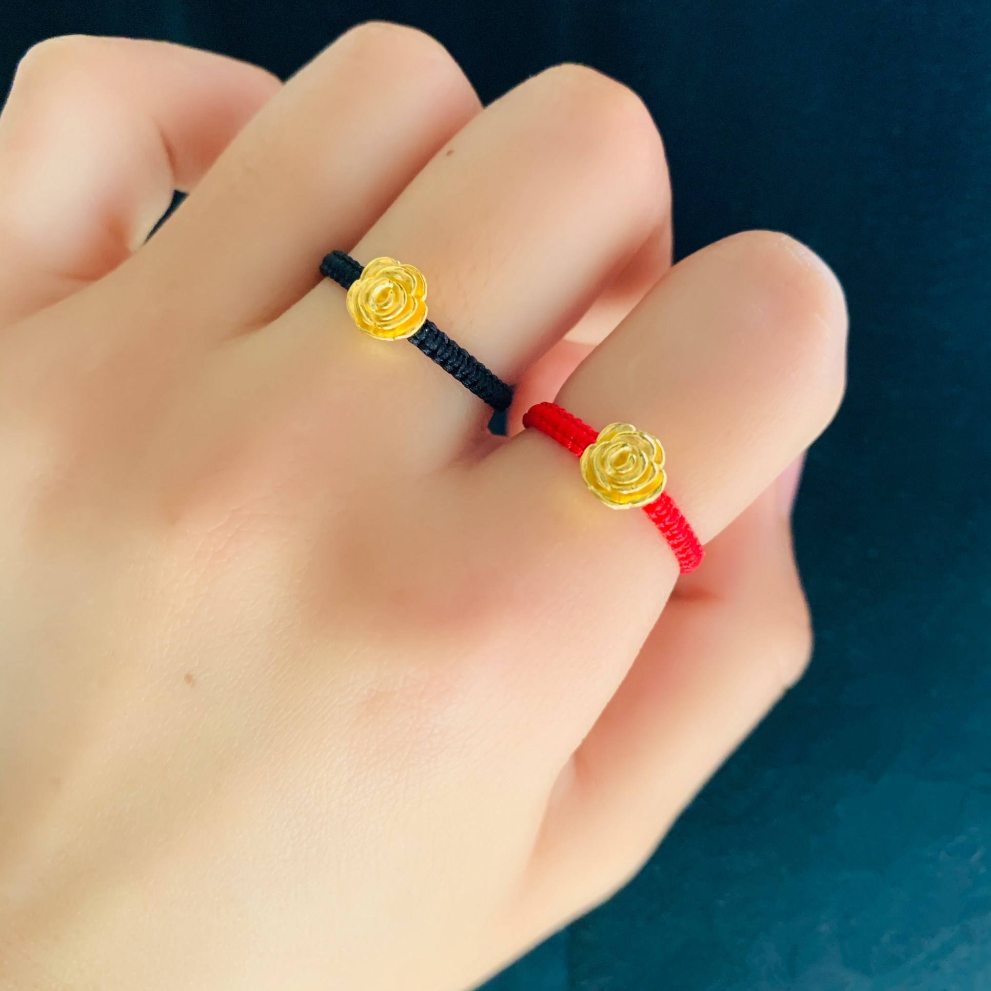 老鳯祥云同款情人节礼物金玫瑰花抖音珠戒指女编绳手链硬金本命年红绳