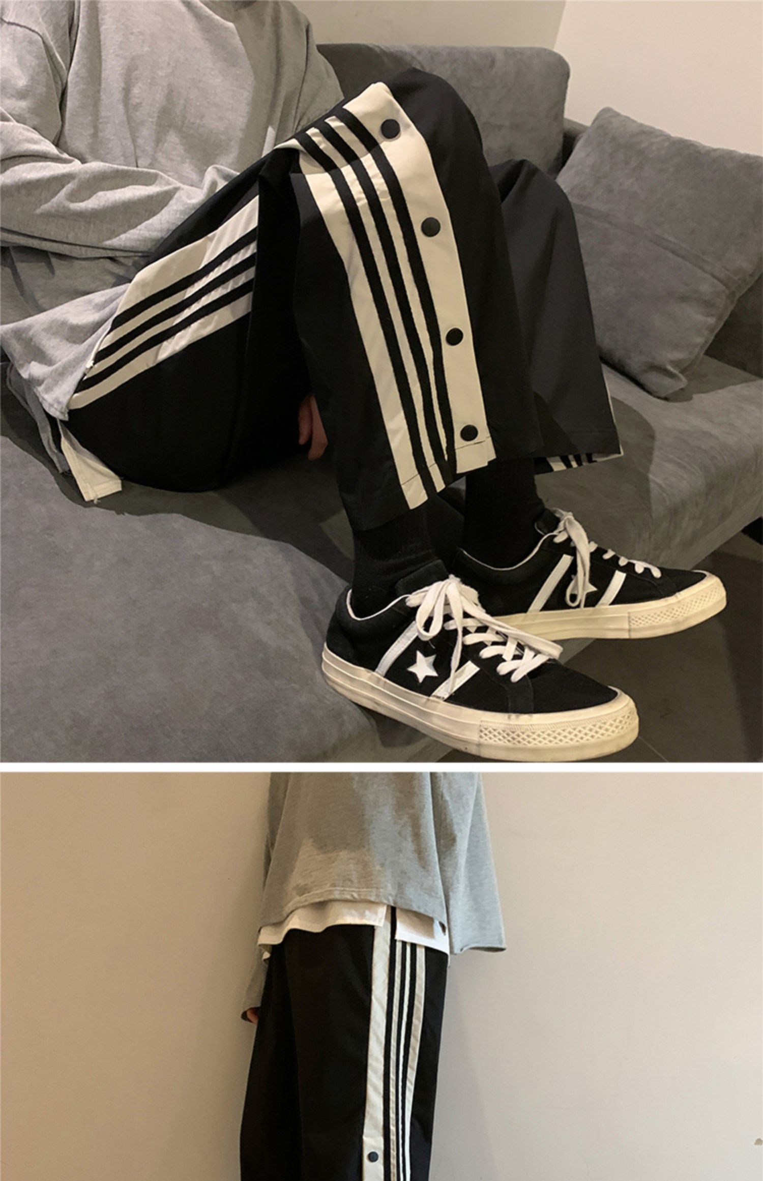 排扣裤男半开夏季侧排扣裤男潮大码宽松9分直筒半开篮球运动裤子男生