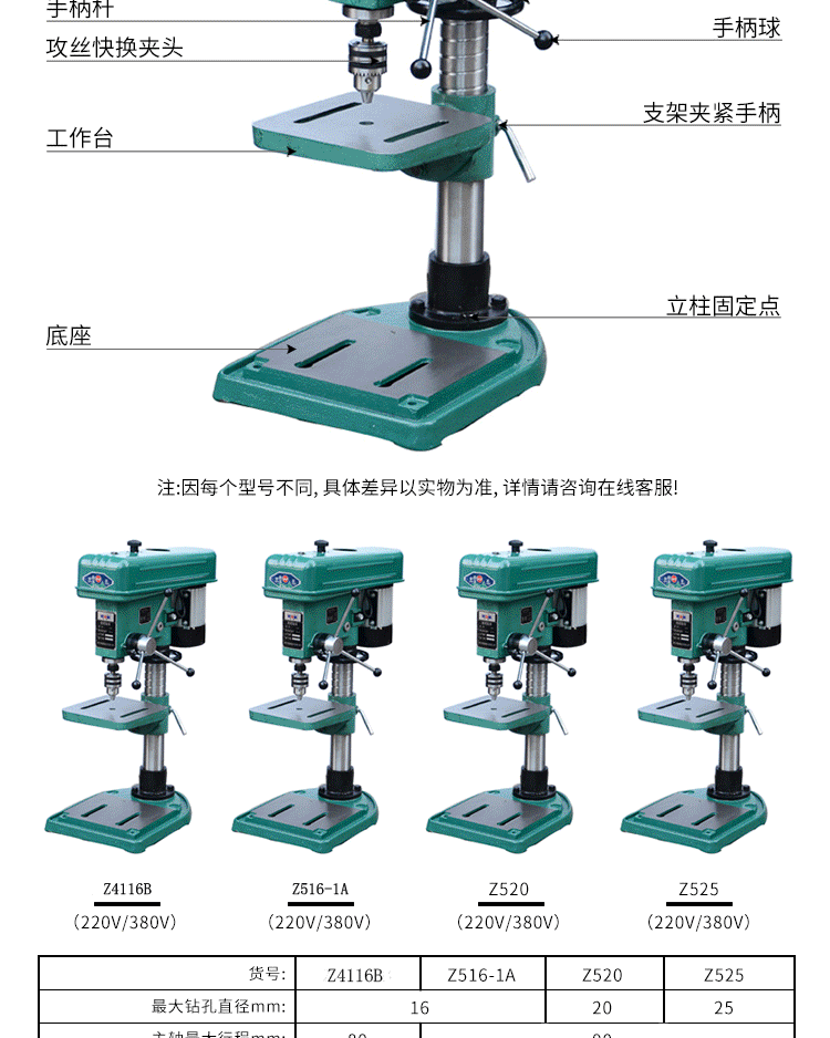 增产z5161a工业台钻z520z525台式钻床钻孔z5161a380v