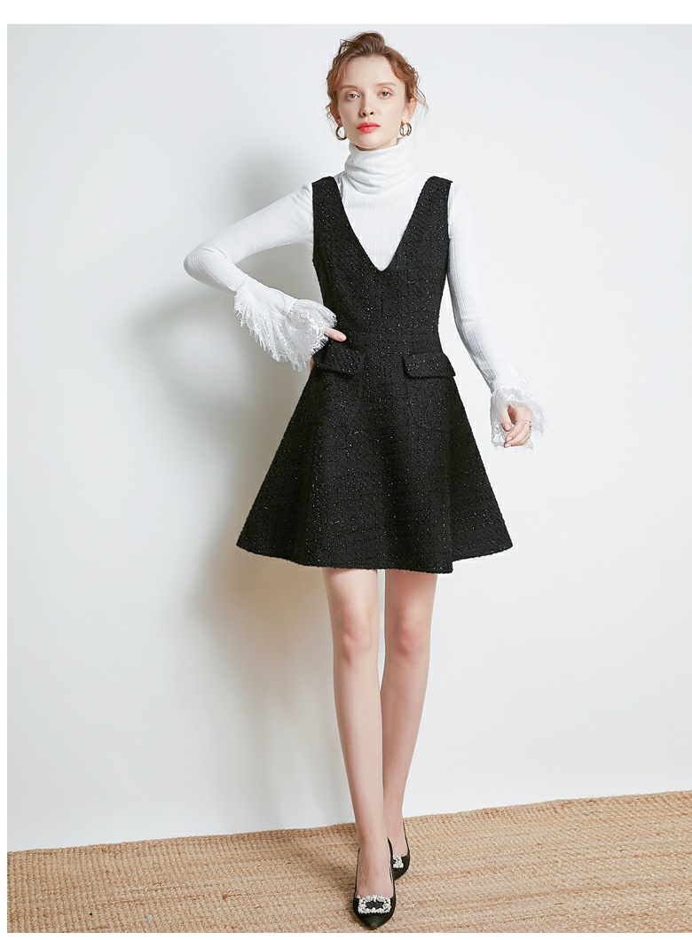 粗花呢背心连衣裙秋冬毛呢马甲裙套装两女洋气减龄打底背带裙 黑色