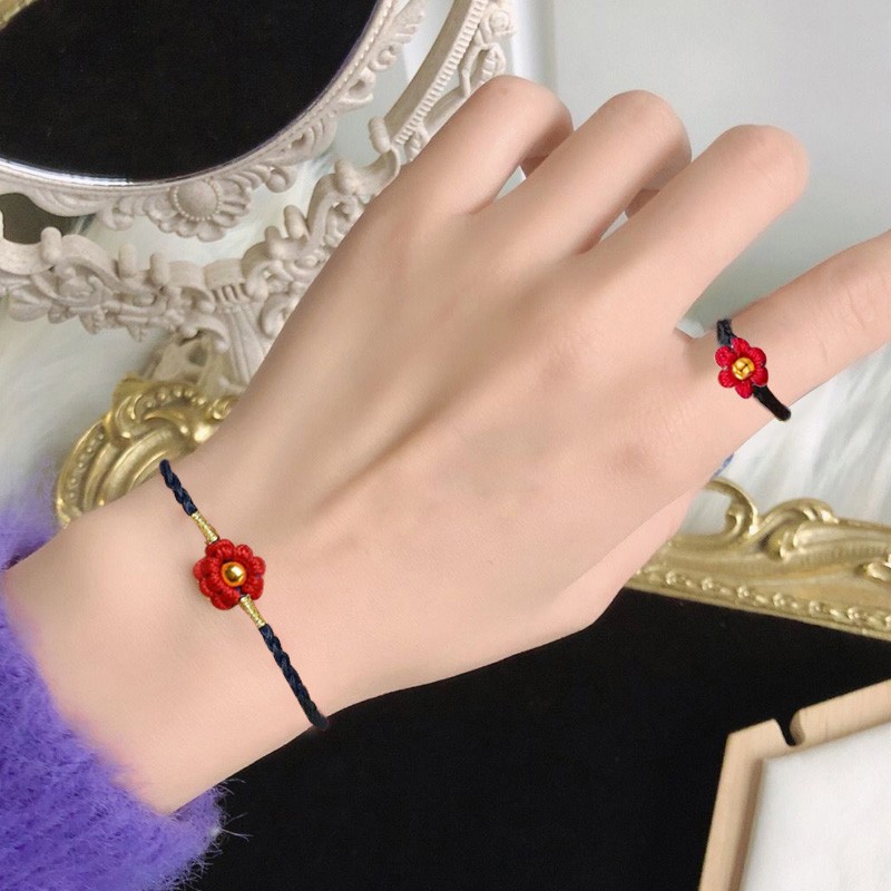 【正常发货】送你一朵小红花戒指女999金转运珠本命年红绳编织手链