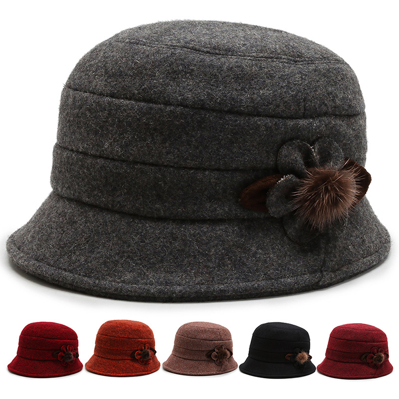 丹图森秋冬天中老年女士帽子毛呢礼帽时尚百搭色呢子帽加厚子冬季老人