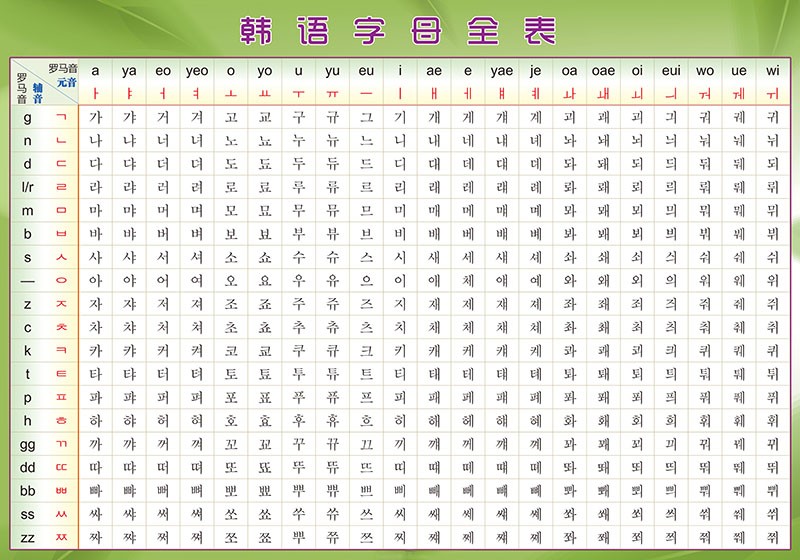 自学韩语挂图 学习韩语朝鲜语字母罗马音发音规则表单元双元辅音贴纸