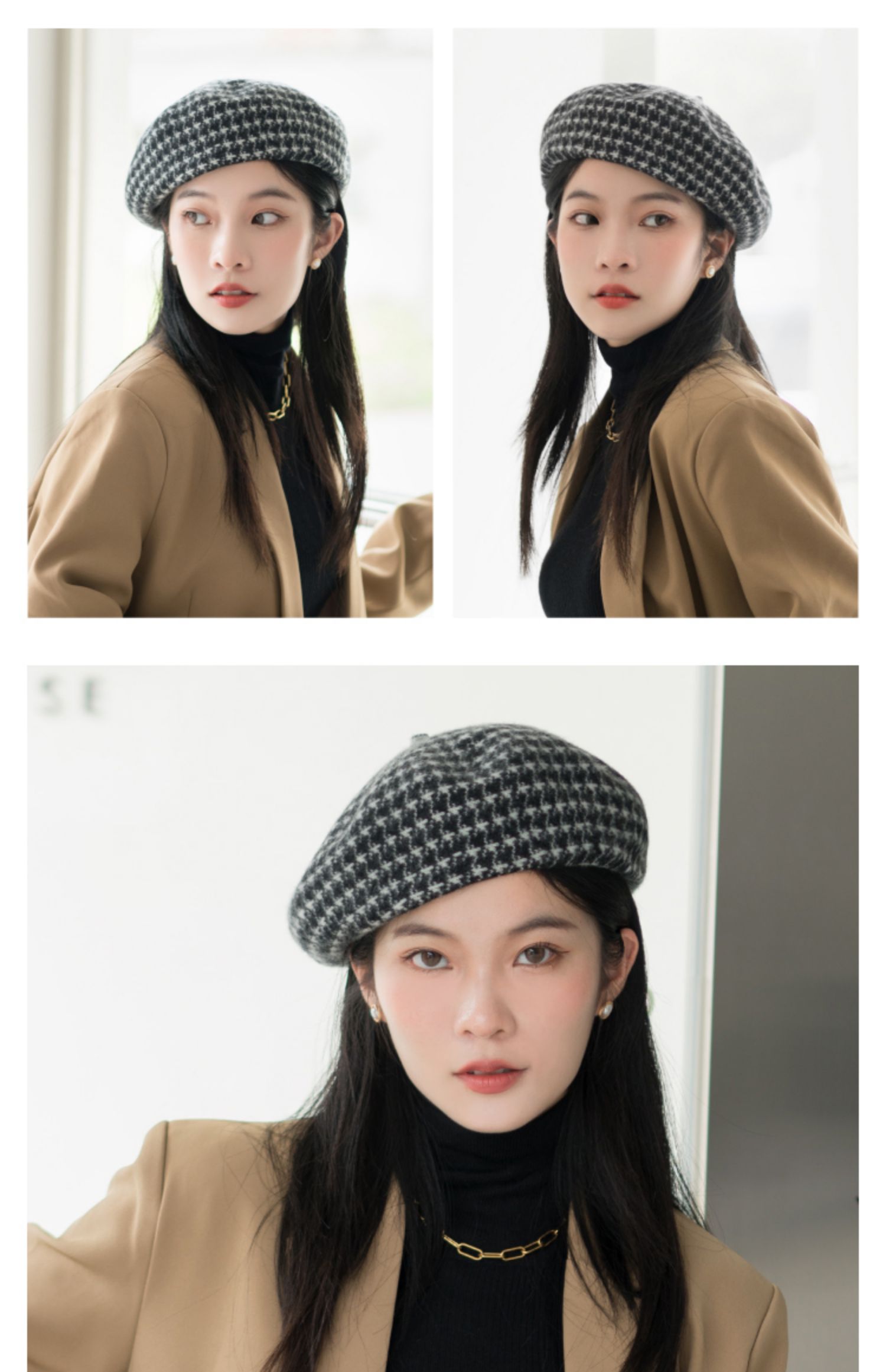 疯帽子女21年秋冬新款洋气千鸟格纹羊毛贝雷帽时尚百搭保暖蓓蕾帽深色