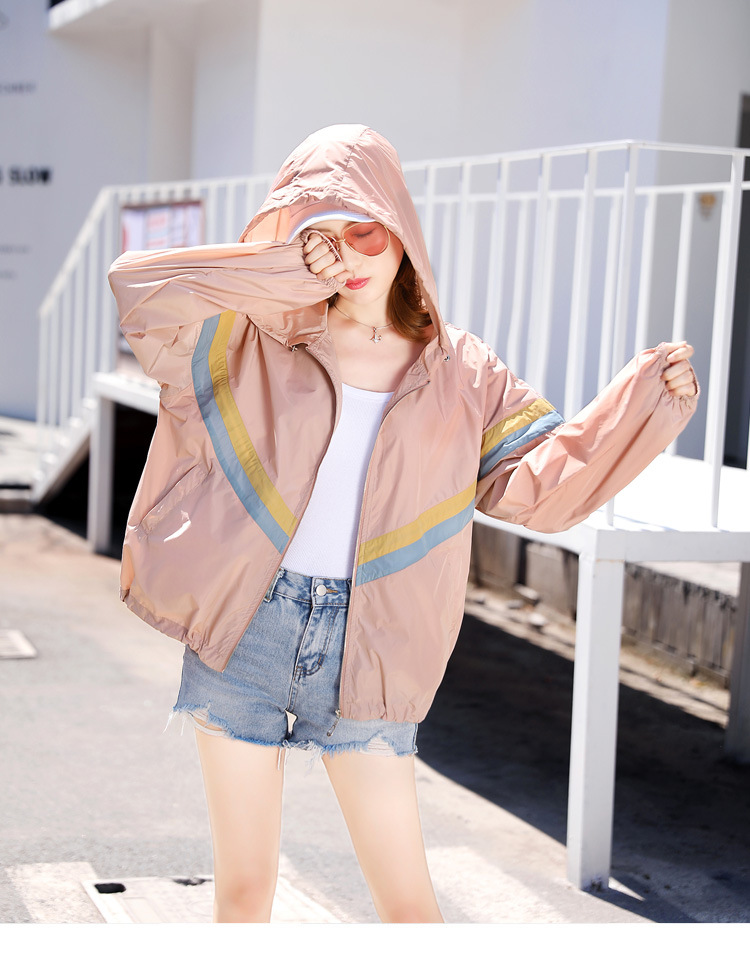 夏季新款韩版时尚防晒衣女士短款宽松拼接防晒服薄青年外套潮 米色 m