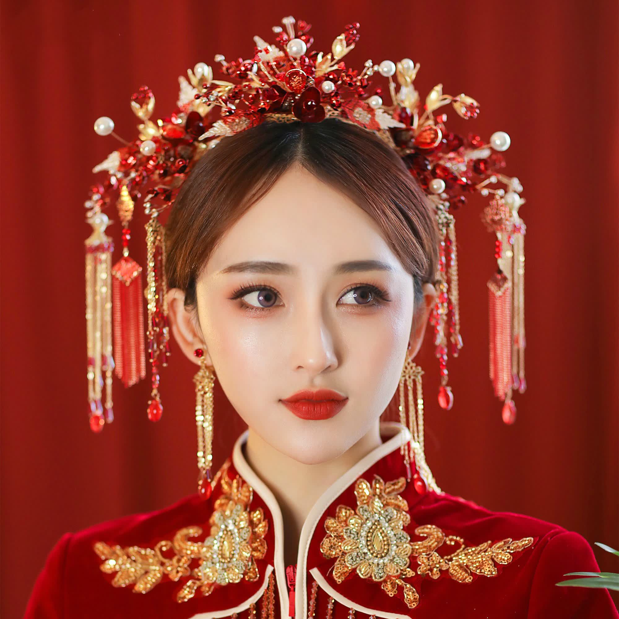 驭瑛yuying秀禾头饰新娘中式凤冠秀禾服配饰复古红色流苏发钗步摇发饰