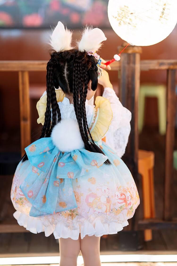 中秋玉兔发光裙子套装 薇爷原创童装 中国风刺绣古典汉服 超仙节 短裙