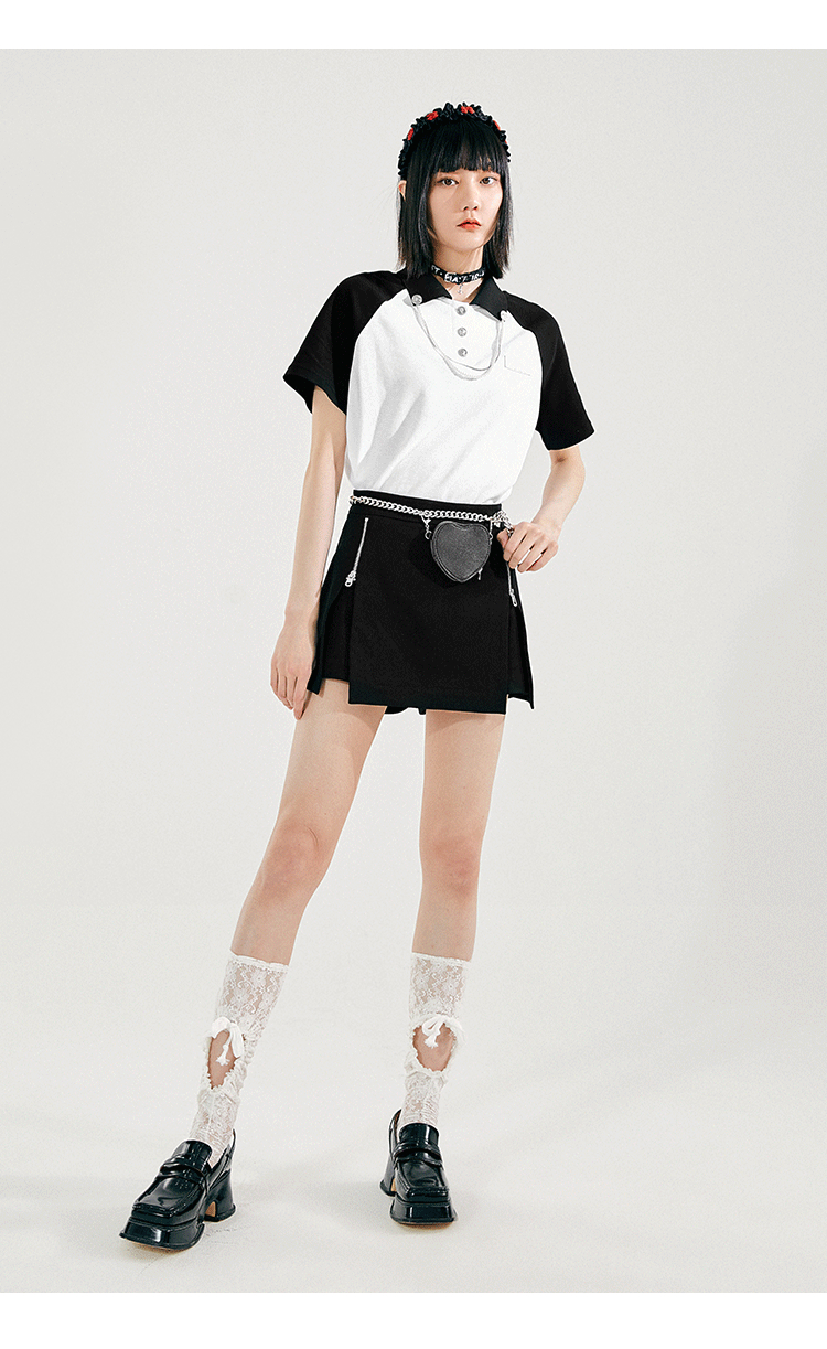 太平鸟撞色polo领t恤女2021夏装新款黑色休闲宽松短袖上衣女ins潮白色