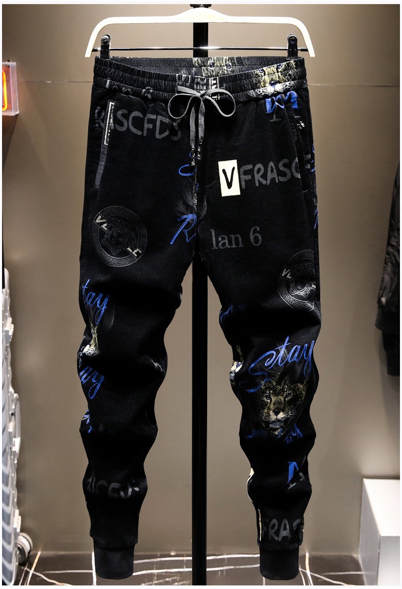 花花公子(playboy)春秋季灯芯绒男士休闲裤印花裤子男百搭裤韩版潮流