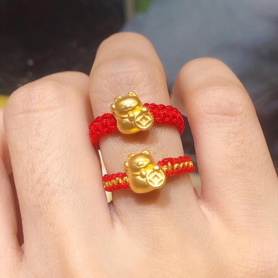 妙灵阁 黄金猫转运珠戒指本命年红绳编织999足金戒子男女情侣抖音古法