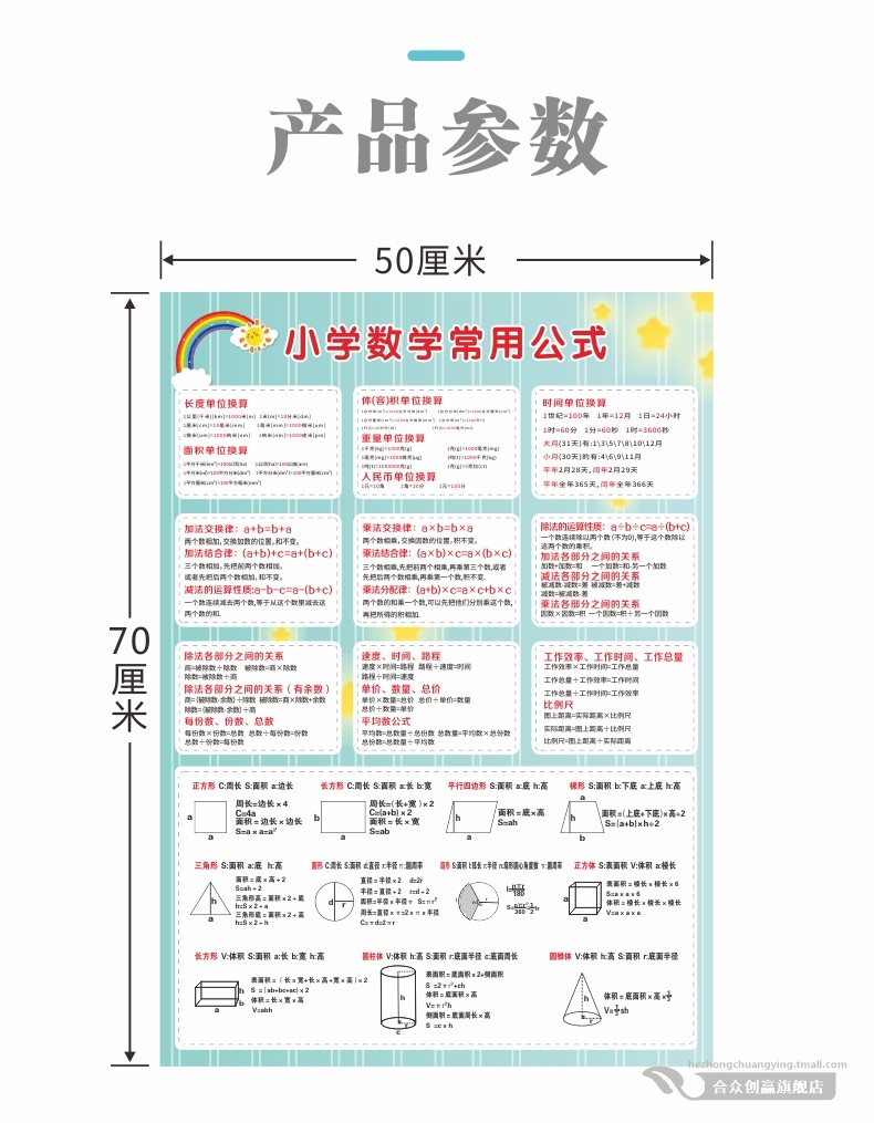 小学数学公式大全墙贴挂图小学生图形面积知识三四年级单位换算表 yaw