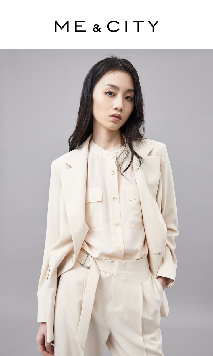 mecity女装春秋商务休闲复古英伦风素色气质时尚小西装外套女 橄榄绿