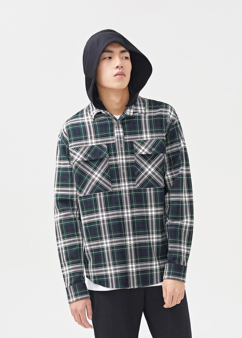 卡宾男装连帽格纹休闲衬衫绿色白色宽松外穿单品宽松街头风潮流 h 墨