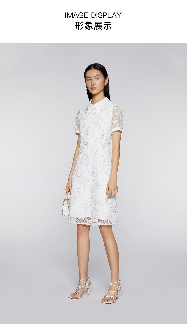 恩裳蔻2021夏季新款时尚通勤短袖修身显瘦衬衣领蕾丝连衣裙