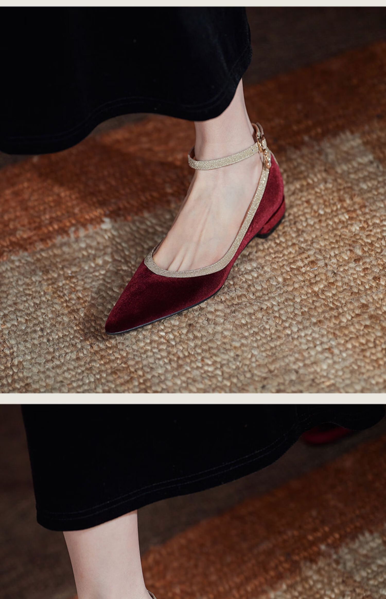 达芙妮女鞋复古尖头玛丽珍鞋女粗跟2021春秋新款金丝绒浅口一字扣单鞋