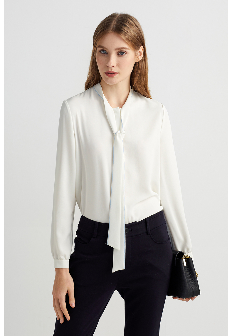 朗姿商场同款春夏新款女百搭职业通勤长袖白色领带衬衫女装本白色170