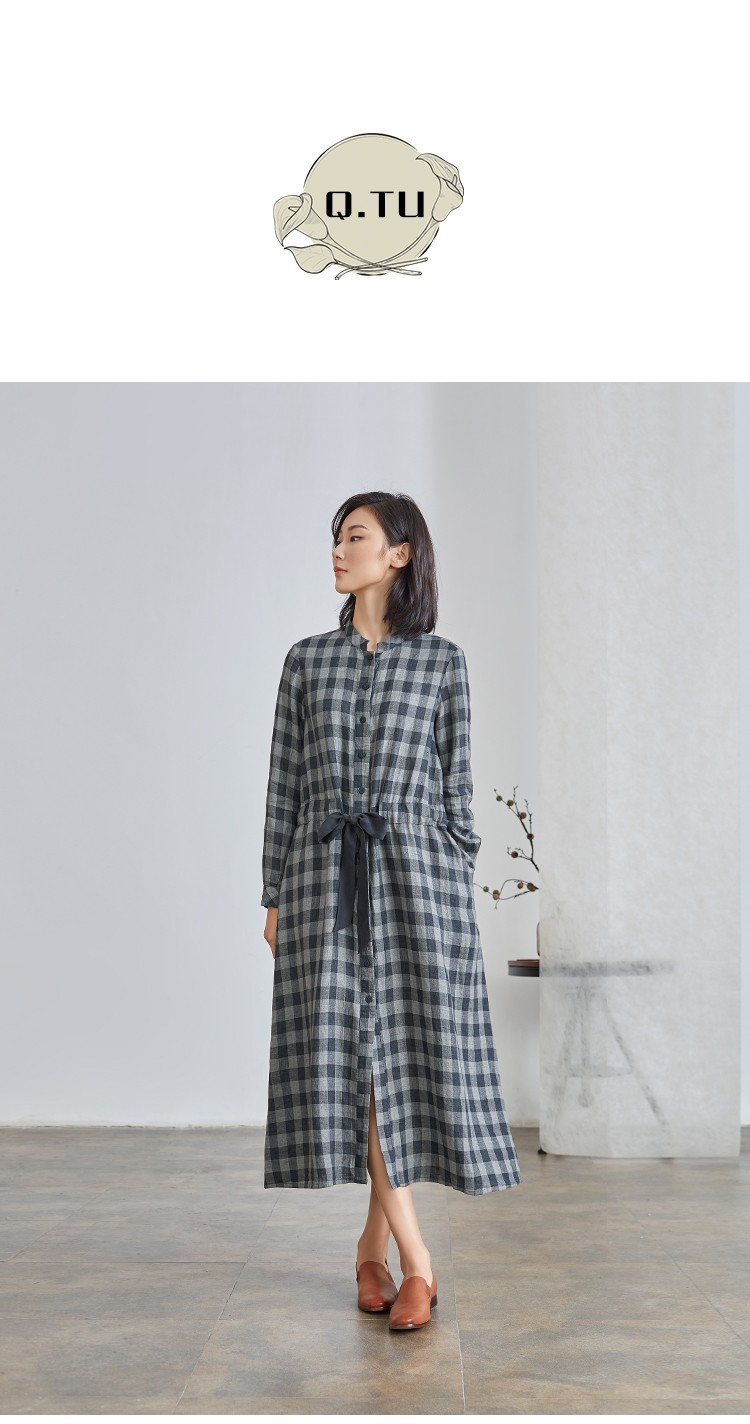 qtu女装立领抽绳收腰显瘦亚麻色织格纹长袖连衣裙2021新春lq2769灰蓝