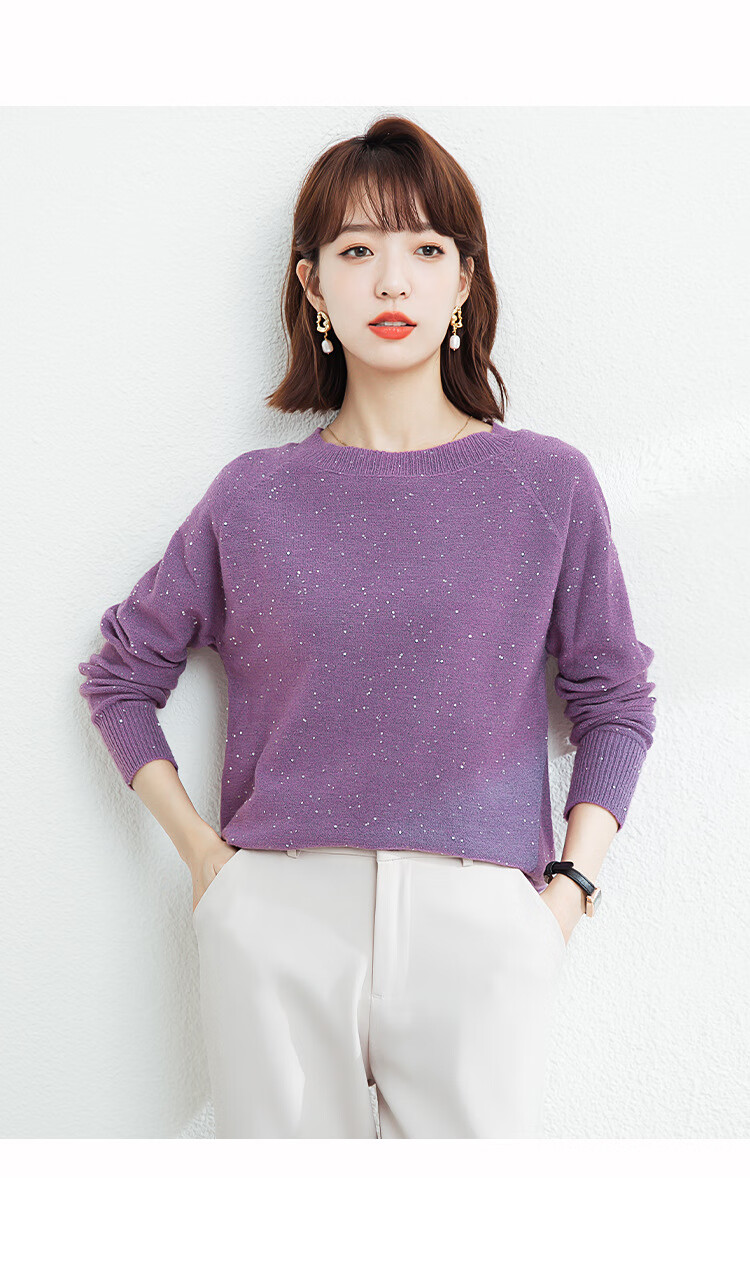 拉夏贝尔 2022冬装新款女圆领毛衣珠片纱毛衣腈纶(聚丙烯腈纤维)混纺