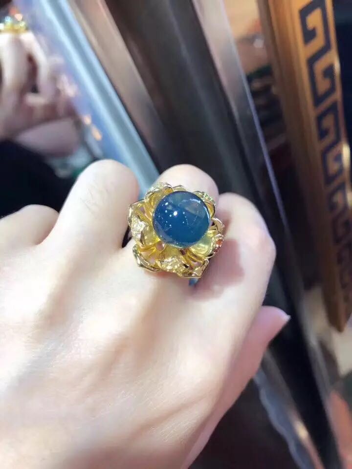 墨西哥5a净水蓝珀戒指转动款转运珠戒指全净体s925银镀18k真金 色