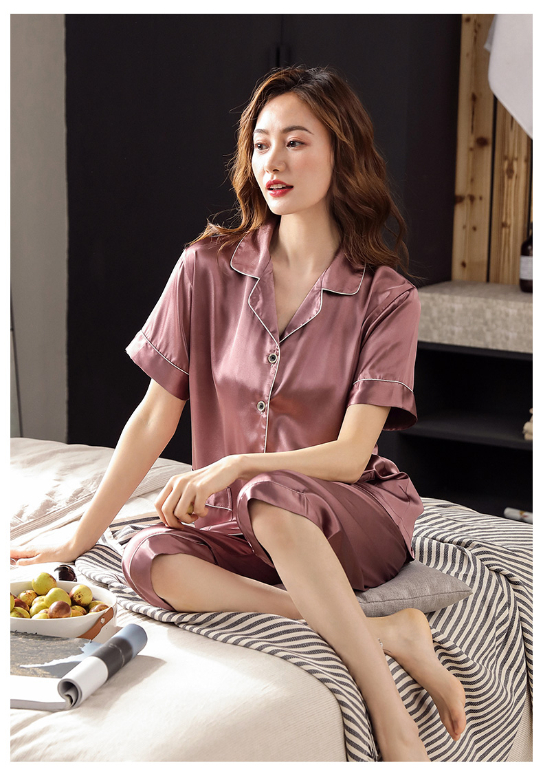 意芬夏季冰丝短袖睡衣女士夏天薄款仿真丝绸七分裤家居服两件套套装
