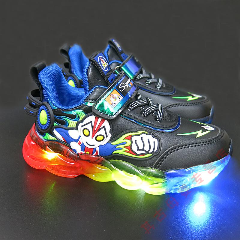 21超人男童运动鞋儿童鞋子透气闪灯奥特曼小童发光鞋处理荧光黄a52526